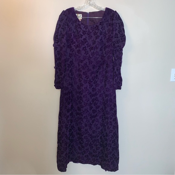 Vintage Long Sleeve Purple Floral Lace Dress - Picture 1 of 16